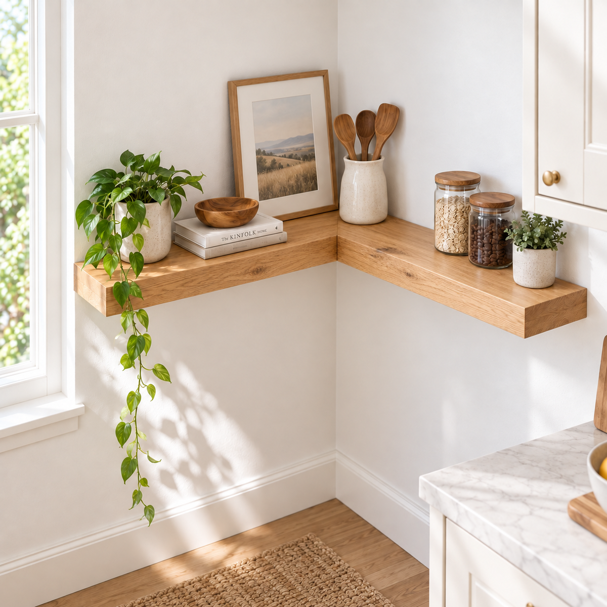Solid Wood L-Shaped Floating Corner Shelf – Straight Edge Wall Storage