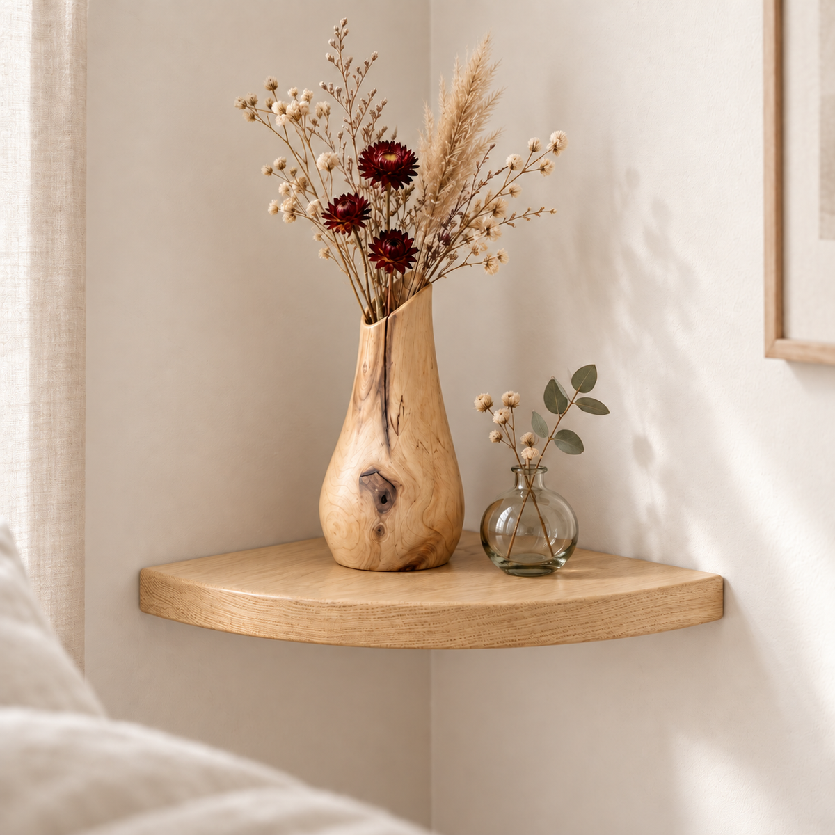 Solid Wood Triangular Corner Floating Shelf with Hidden Metal Bracket – Rounded-Edge Wall Display Shelf in Multiple Sizes