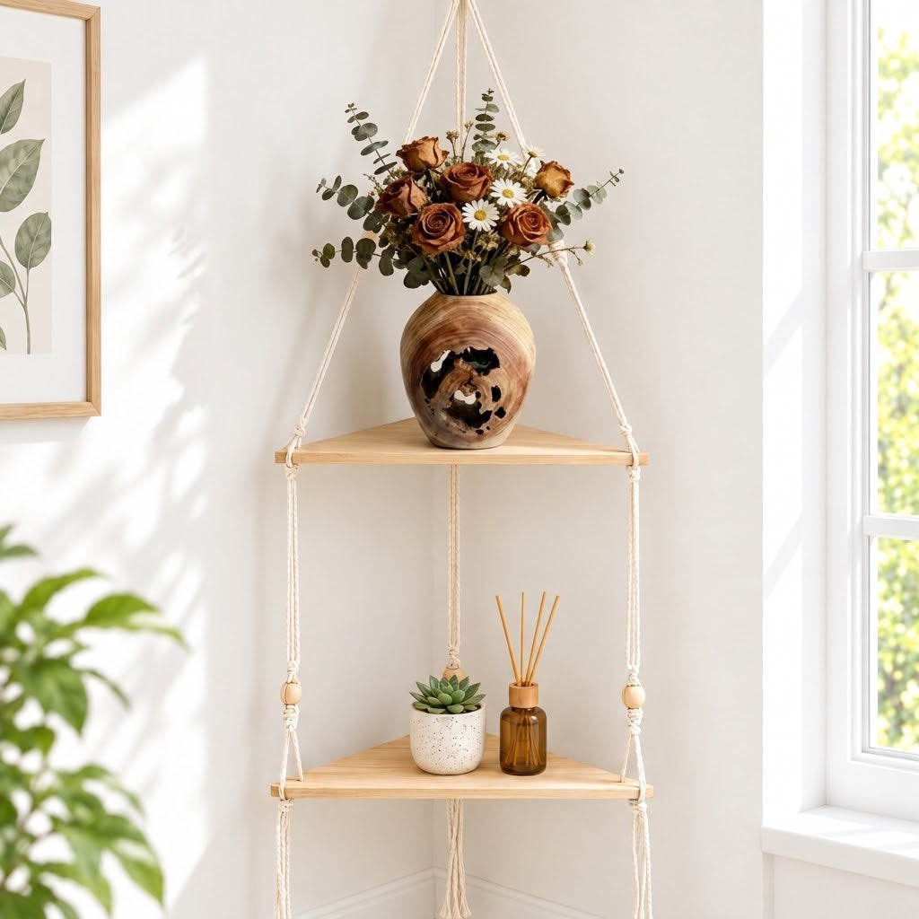 Solid Wood Hanging Corner Shelf – Boho Rope Display Shelf