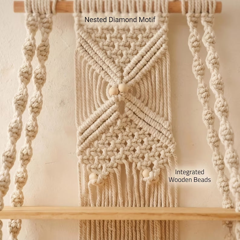 Two-Tier Macrame Floating Wall Shelf, Boho Plant Display