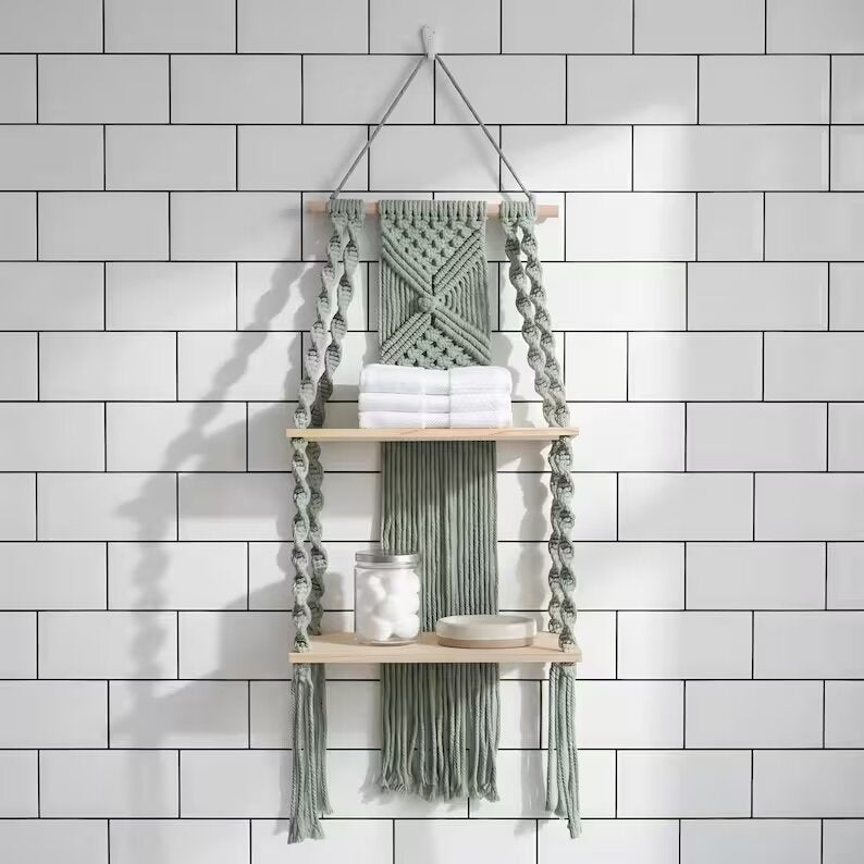 Two-Tier Macrame Floating Wall Shelf, Boho Plant Display