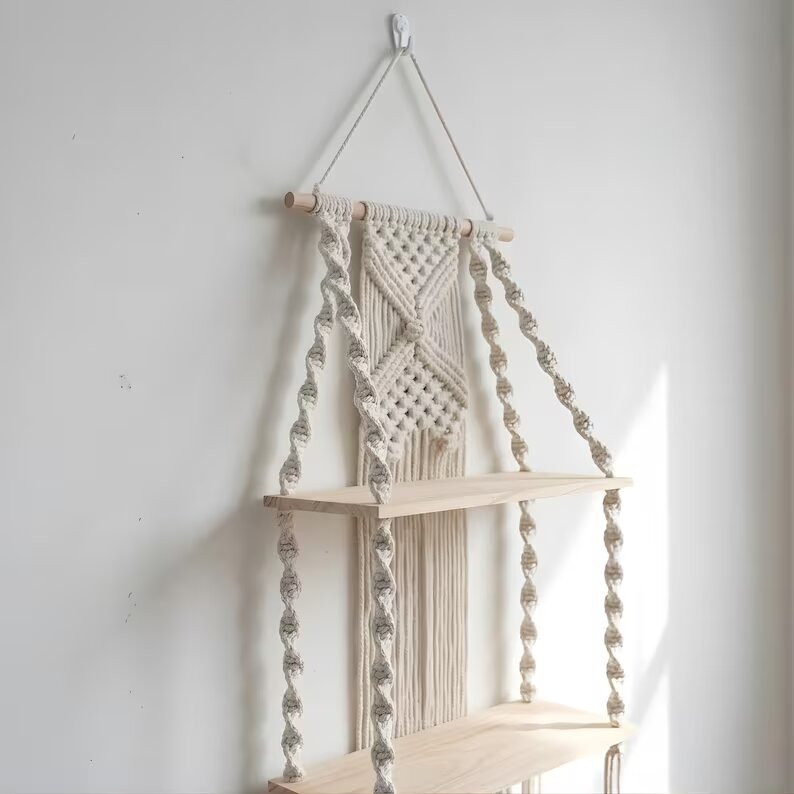 Two-Tier Macrame Floating Wall Shelf, Boho Plant Display