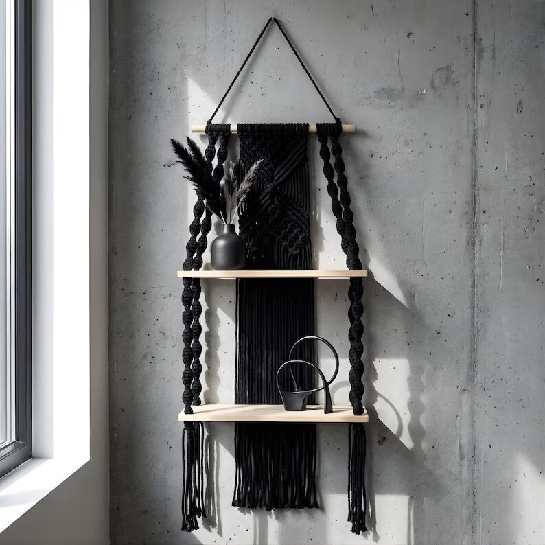 Two-Tier Macrame Floating Wall Shelf, Boho Plant Display