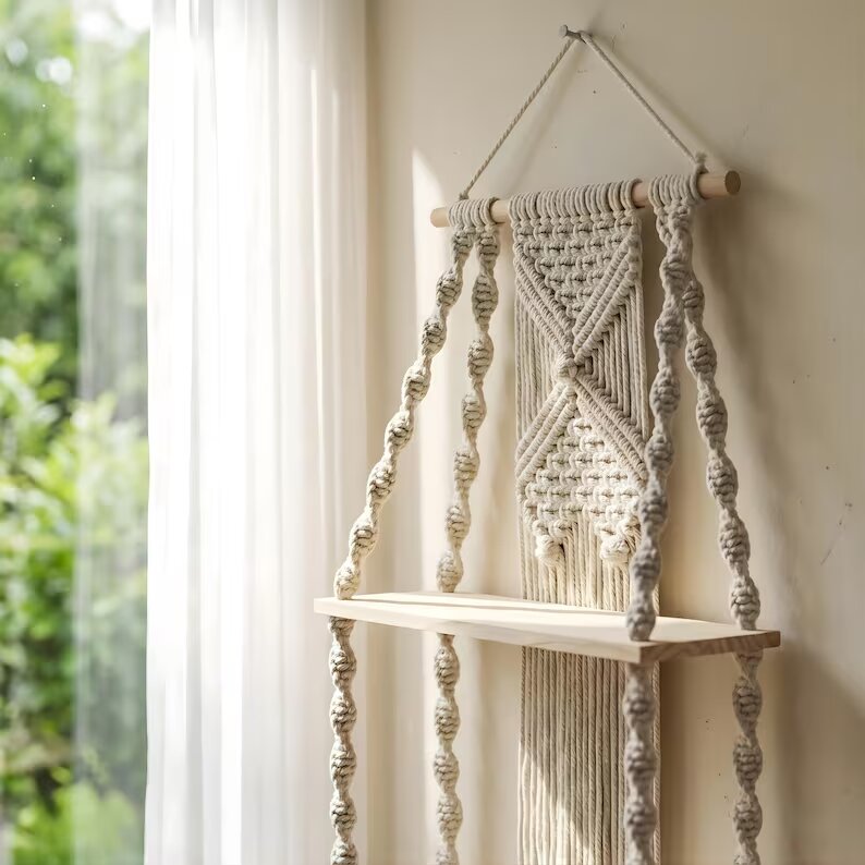 Two-Tier Macrame Floating Wall Shelf, Boho Plant Display