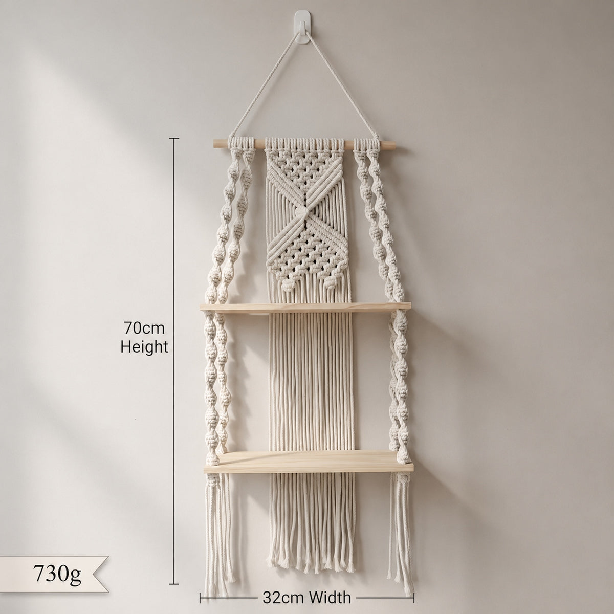 Two-Tier Macrame Floating Wall Shelf, Boho Plant Display