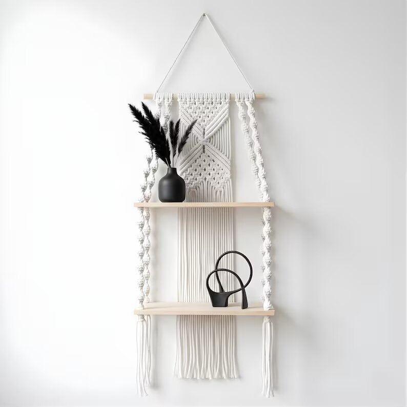 Two-Tier Macrame Floating Wall Shelf, Boho Plant Display