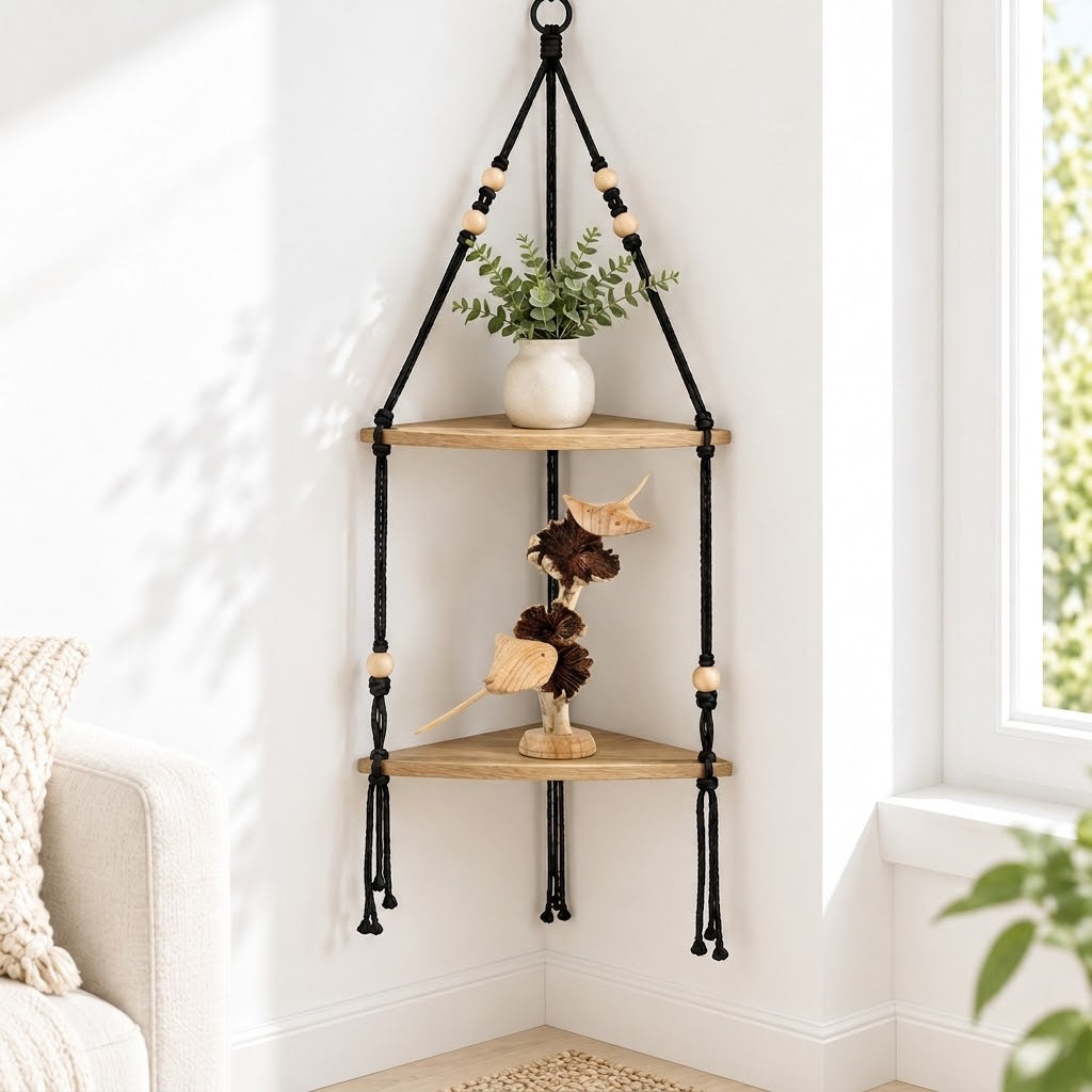 Solid Wood Hanging Corner Shelf – Boho Rope Display Shelf