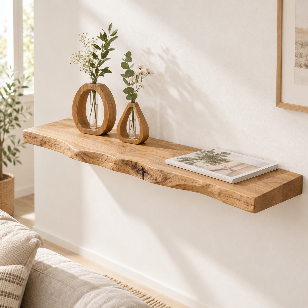 Solid Wood Live Edge Floating Shelf – Natural Wood Wall Display
