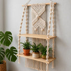 Two-Tier Macrame Floating Wall Shelf, Boho Plant Display