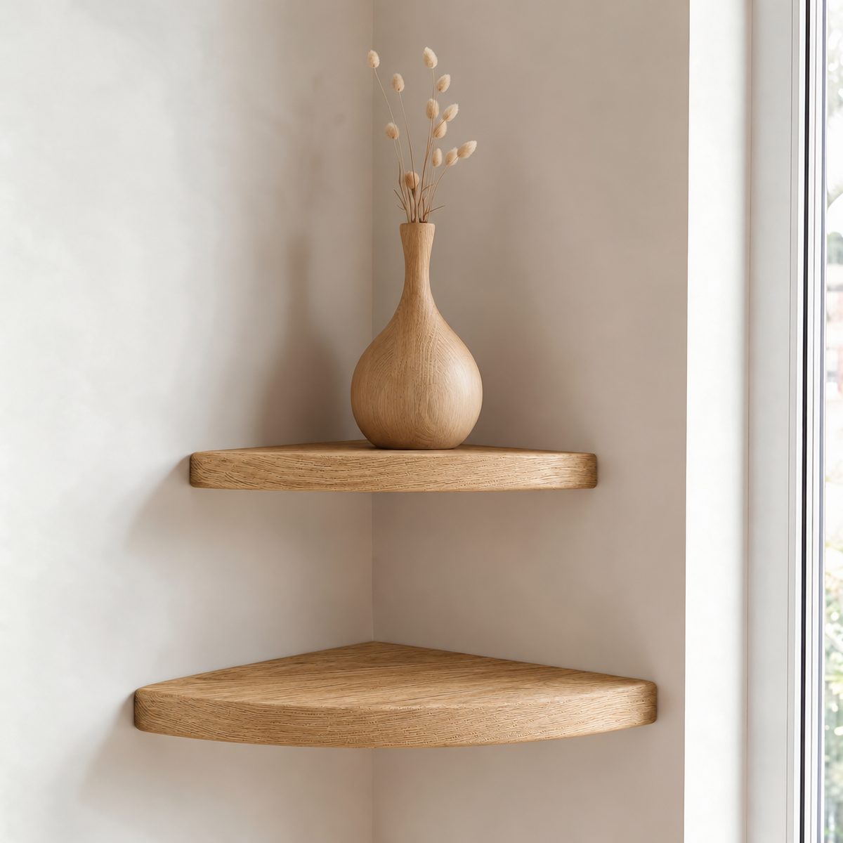 Solid Wood Triangular Corner Floating Shelf with Hidden Metal Bracket – Rounded-Edge Wall Display Shelf in Multiple Sizes