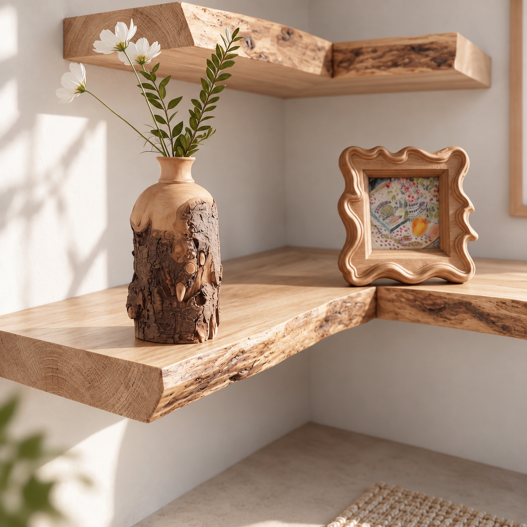 Natural Edge Solid Wood L-Shaped Corner Floating Shelf