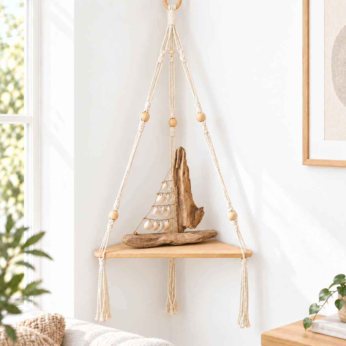 Solid Wood Hanging Corner Shelf – Boho Rope Display Shelf