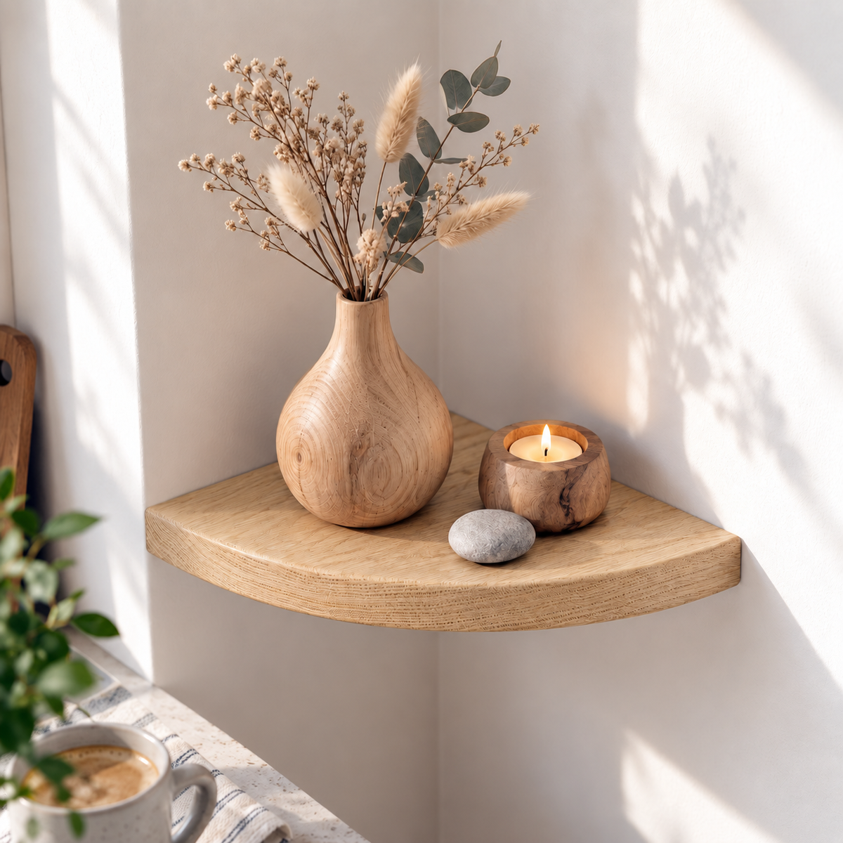 Solid Wood Triangular Corner Floating Shelf with Hidden Metal Bracket – Rounded-Edge Wall Display Shelf in Multiple Sizes
