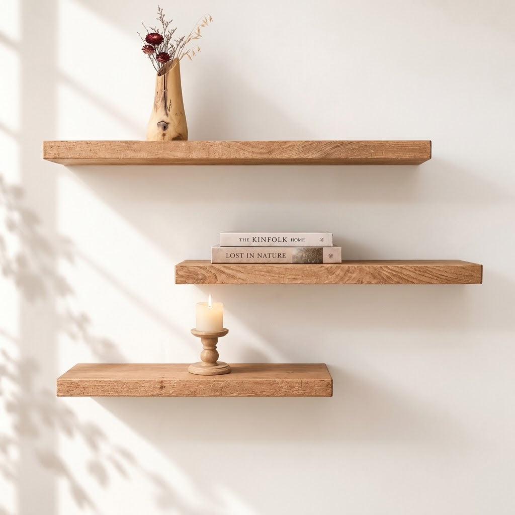 Solid Wood Floating WallShelf with Hidden Metal Bracket – Natural Wood Display Ledge in Multiple Lengths and Depths