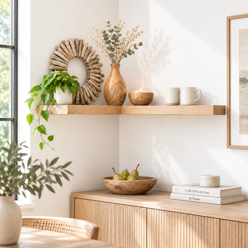 Solid Wood L-Shaped Floating Corner Shelf – Straight Edge Wall Storage