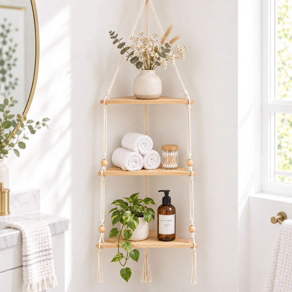 Solid Wood Hanging Corner Shelf – Boho Rope Display Shelf