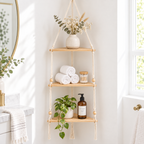 Solid Wood Hanging Corner Shelf – Boho Rope Display Shelf