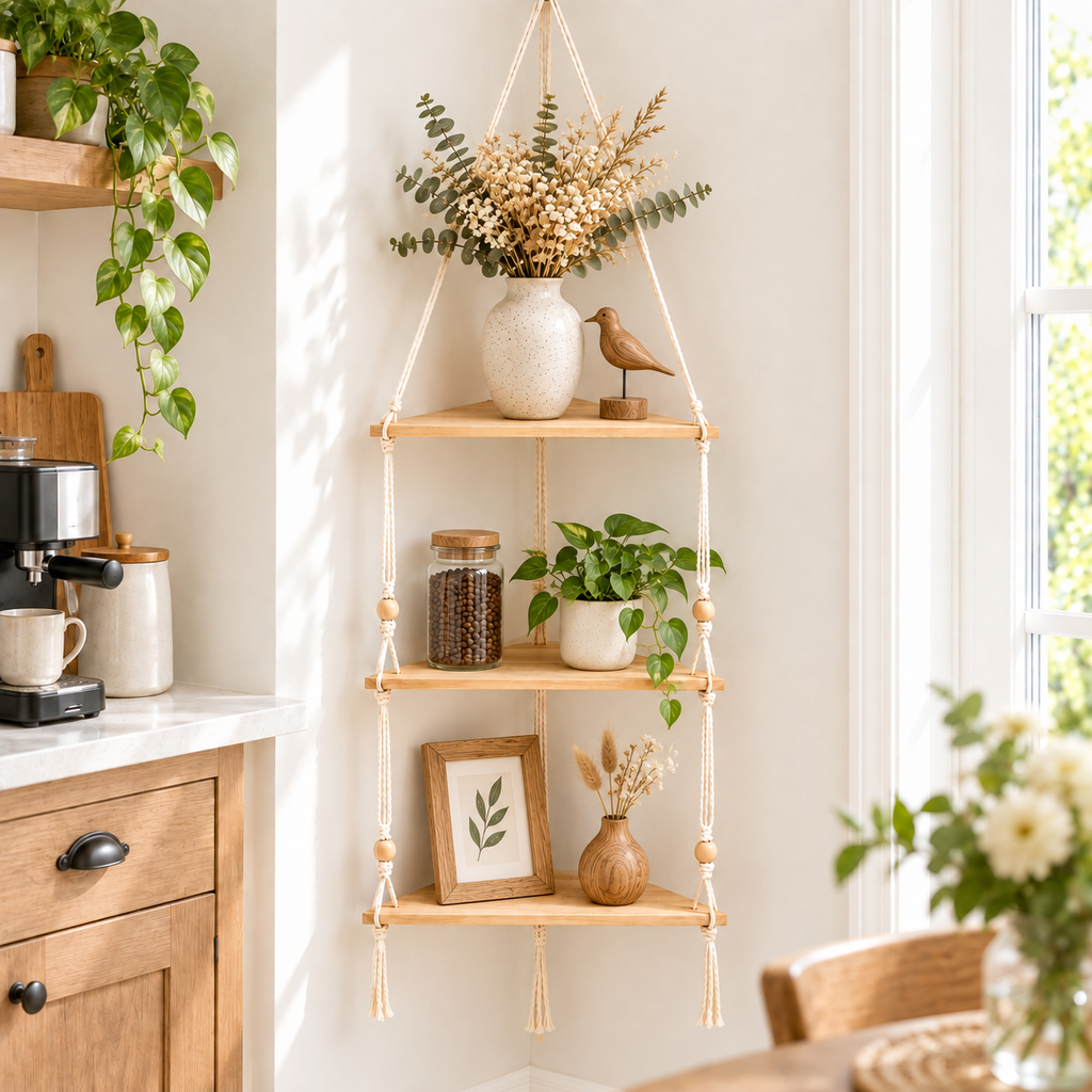 Solid Wood Hanging Corner Shelf – Boho Rope Display Shelf
