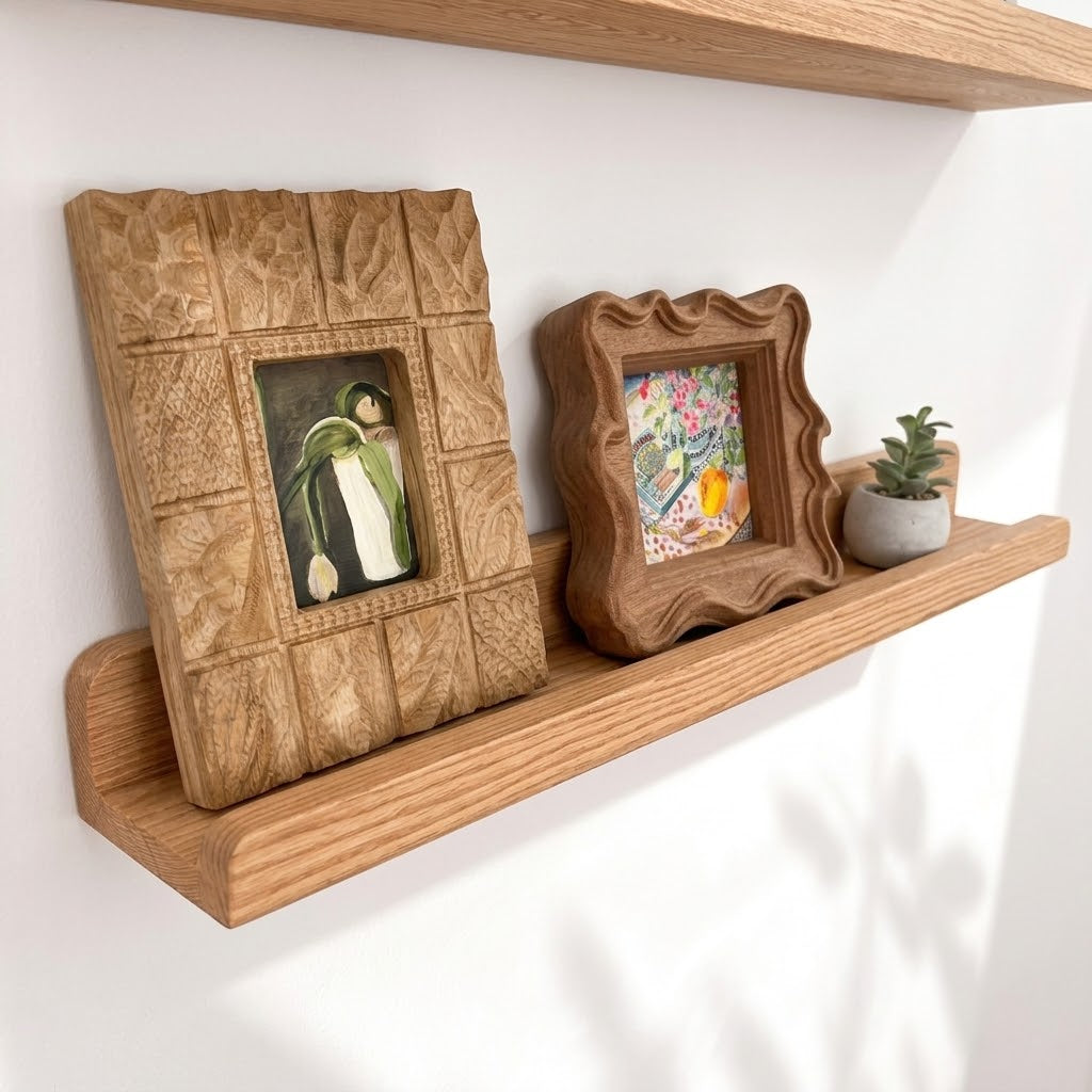 Solid Wood Floating Picture Ledge with Front Lip and Raised Back – Wall-Mounted Display Shelf for Photos, Art, Books and Décor
