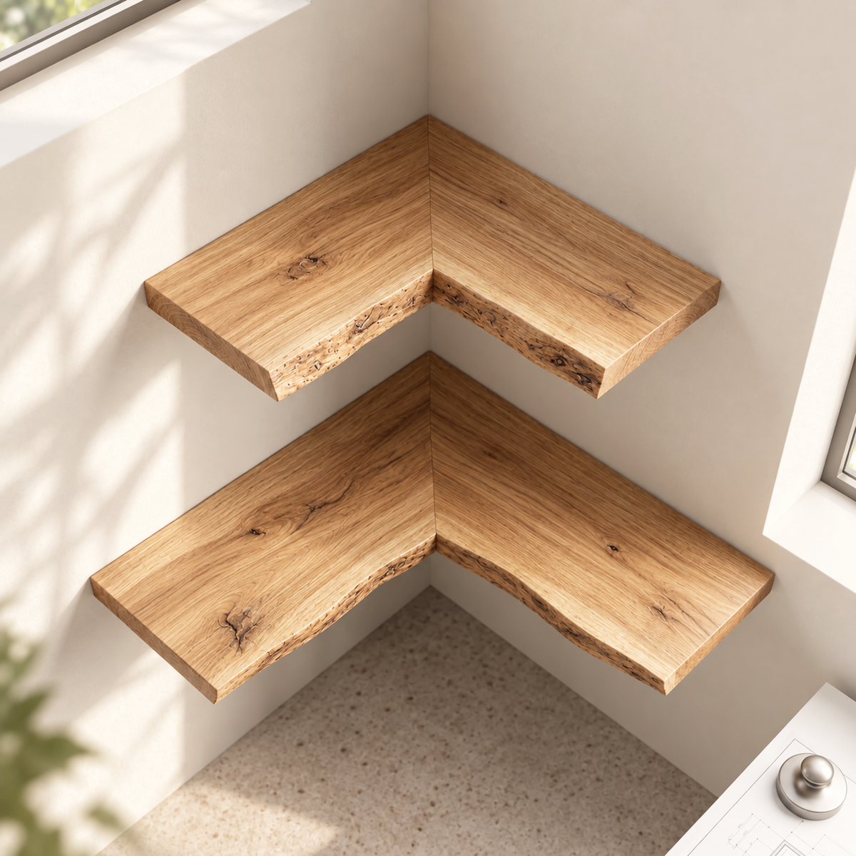 Natural Edge Solid Wood L-Shaped Corner Floating Shelf