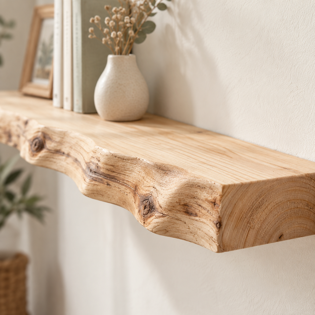 Solid Wood Live Edge Floating Shelf – Natural Wood Wall Display