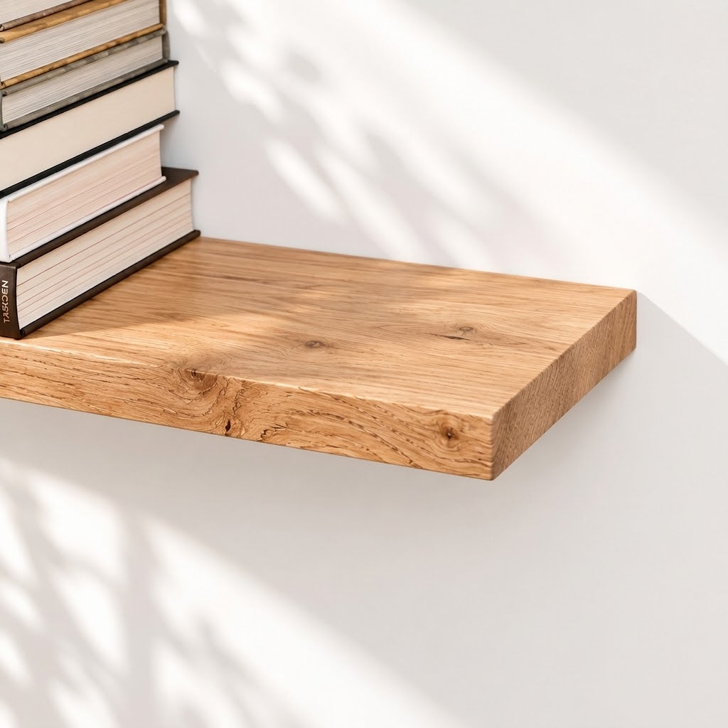Solid Wood Floating WallShelf with Hidden Metal Bracket – Natural Wood Display Ledge in Multiple Lengths and Depths
