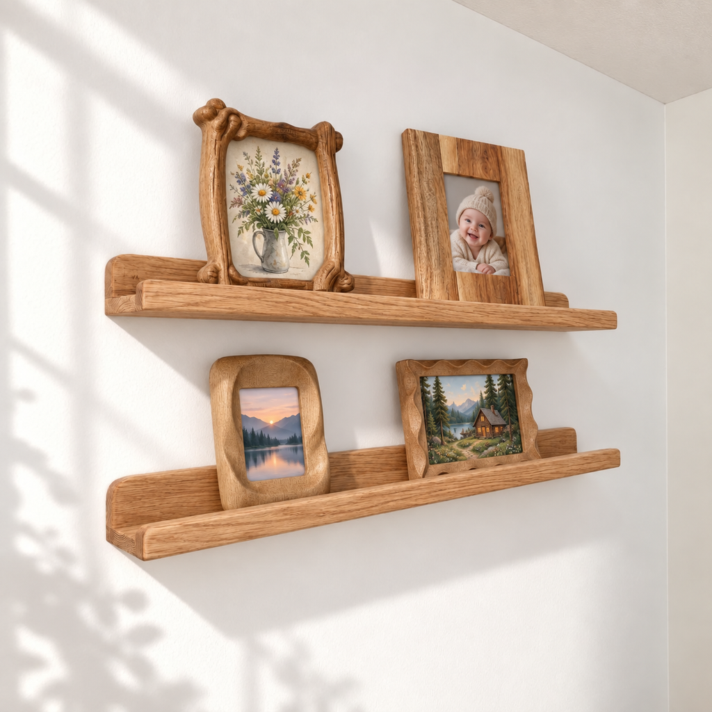 Solid Wood Floating Picture Ledge with Front Lip and Raised Back – Wall-Mounted Display Shelf for Photos, Art, Books and Décor