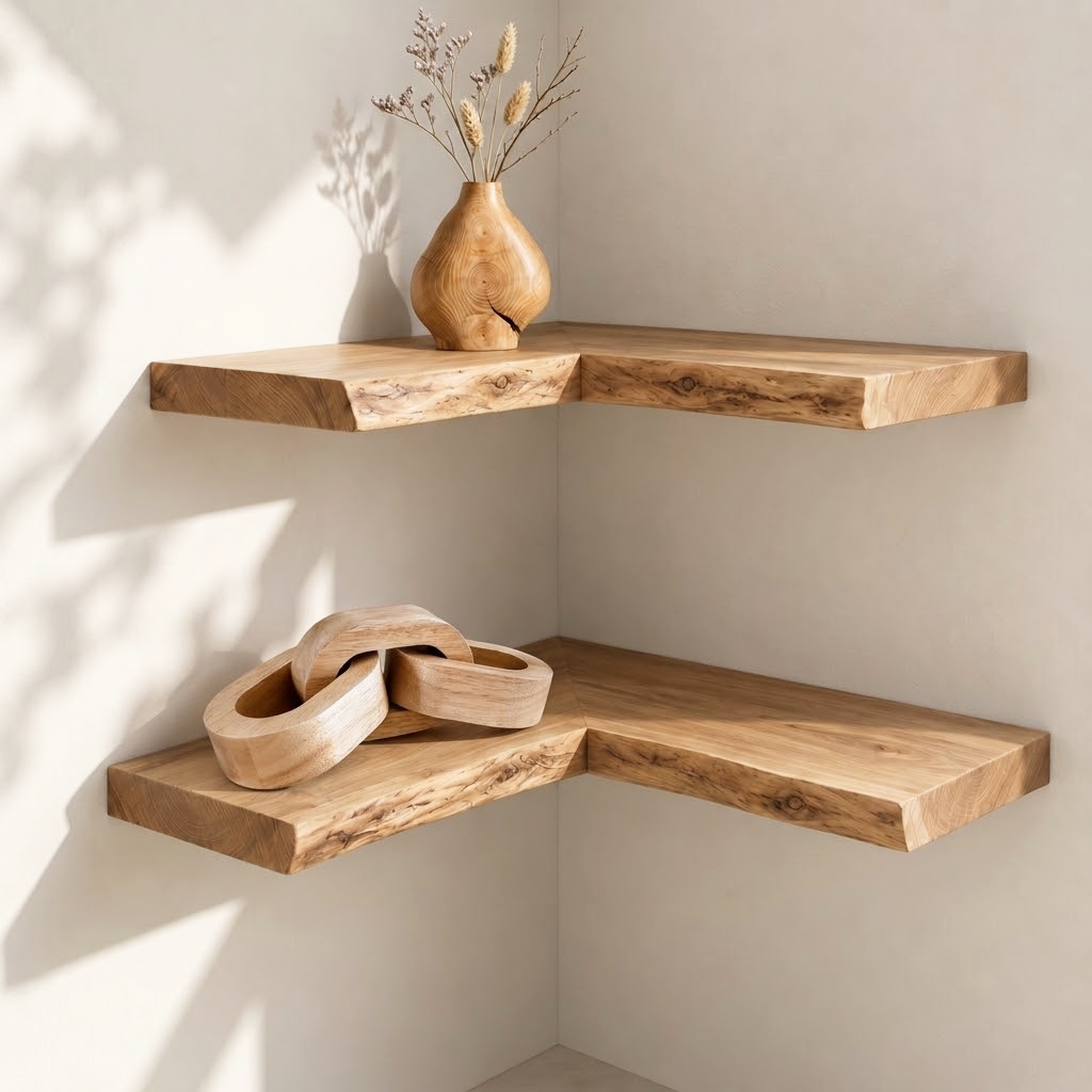 Natural Edge Solid Wood L-Shaped Corner Floating Shelf