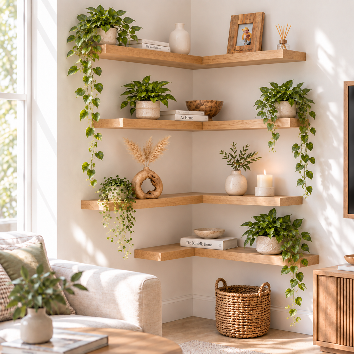 Solid Wood L-Shaped Floating Corner Shelf – Straight Edge Wall Storage