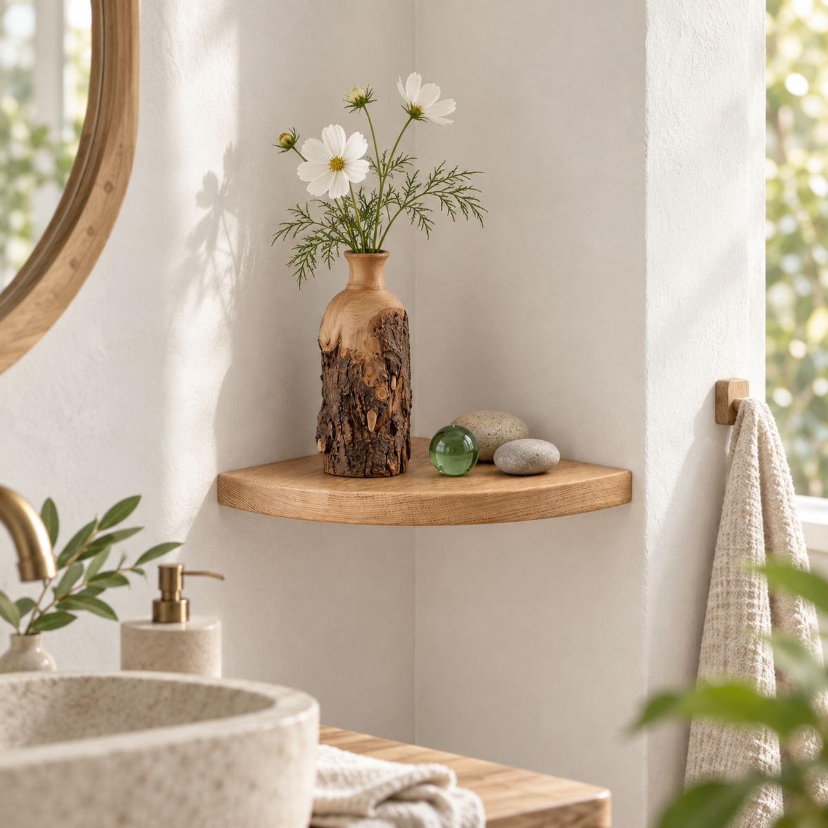 Solid Wood Triangular Corner Floating Shelf with Hidden Metal Bracket – Rounded-Edge Wall Display Shelf in Multiple Sizes