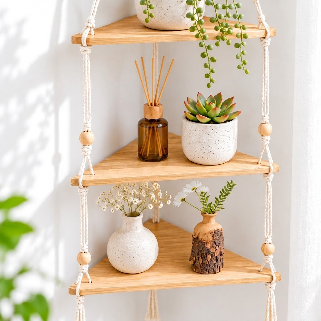 Solid Wood Hanging Corner Shelf – Boho Rope Display Shelf