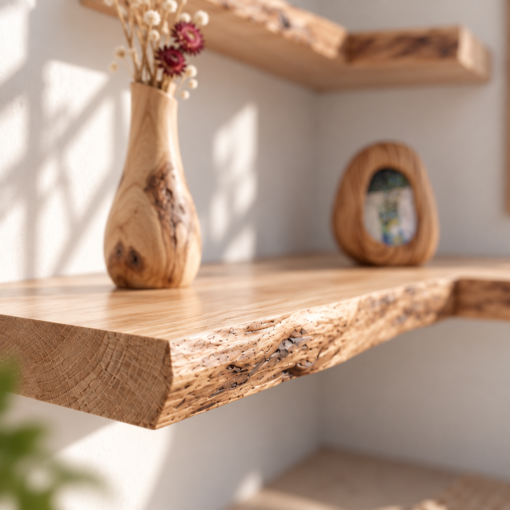 Natural Edge Solid Wood L-Shaped Corner Floating Shelf
