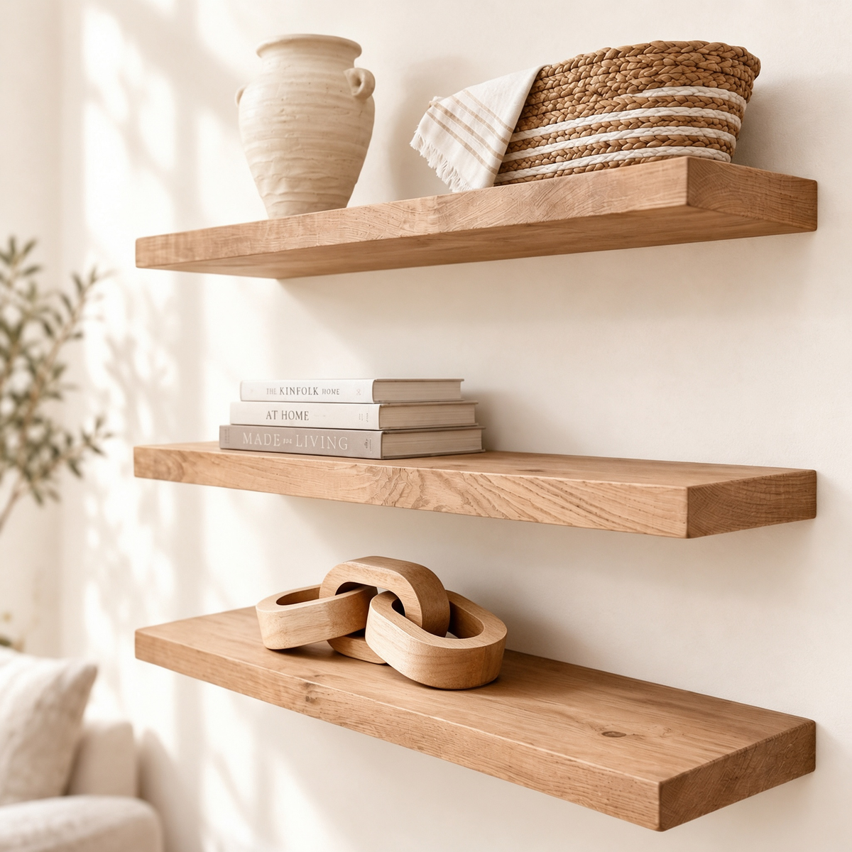 Solid Wood Floating WallShelf with Hidden Metal Bracket – Natural Wood Display Ledge in Multiple Lengths and Depths