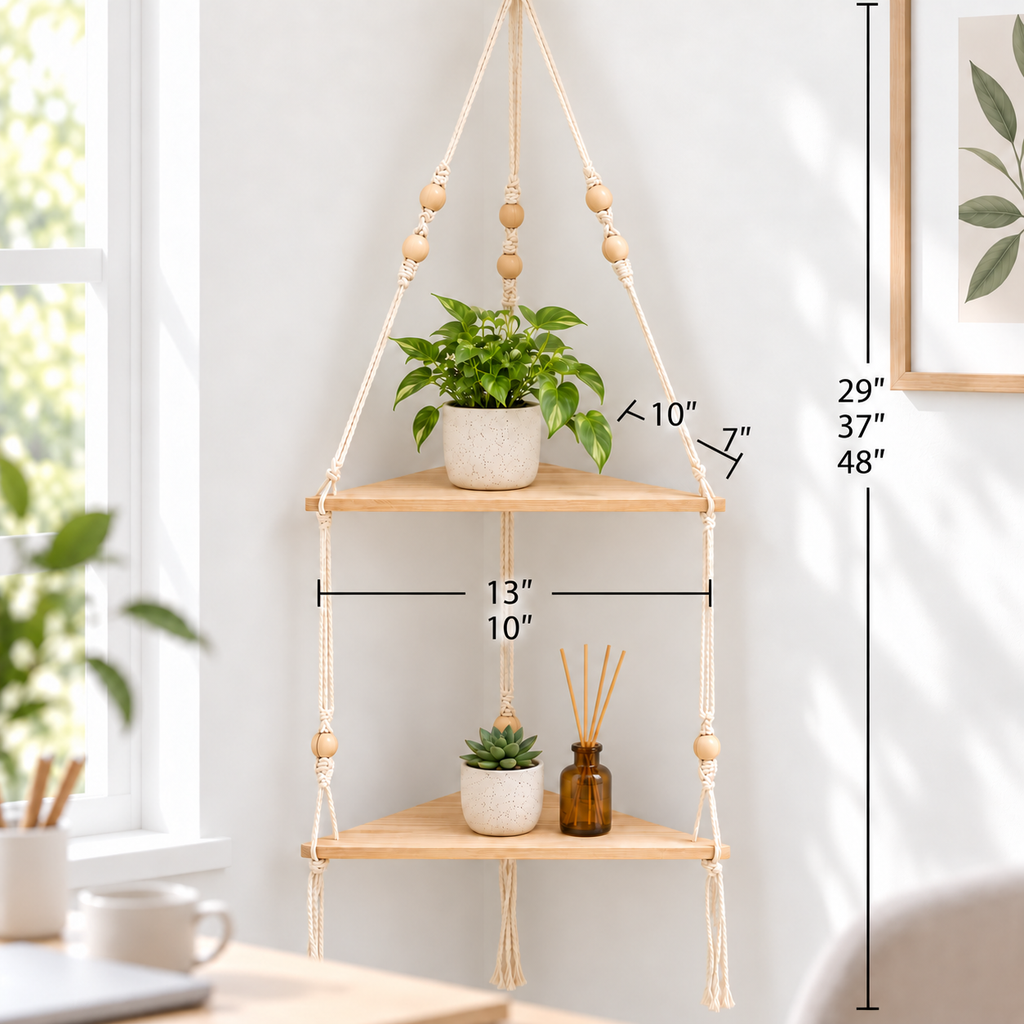 Solid Wood Hanging Corner Shelf – Boho Rope Display Shelf