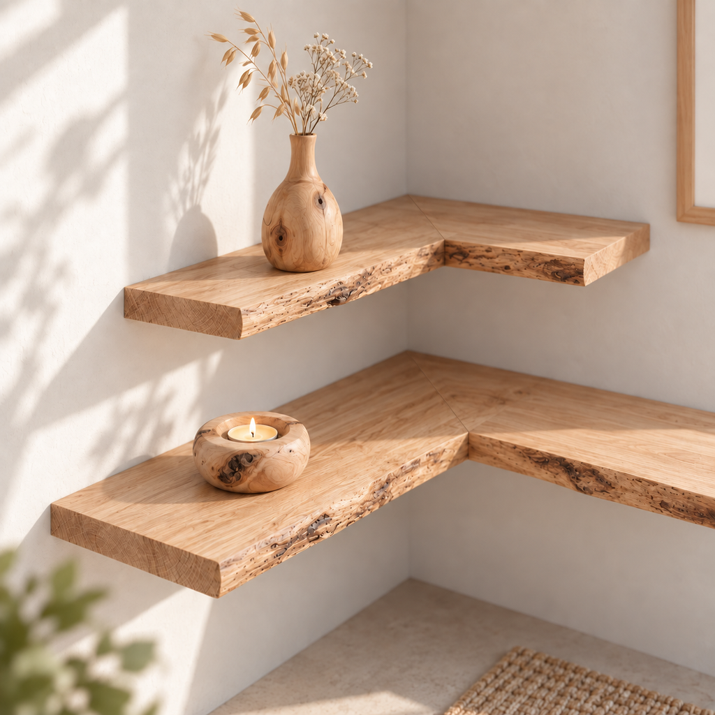 Natural Edge Solid Wood L-Shaped Corner Floating Shelf