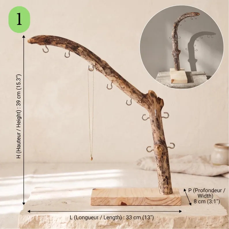 Driftwood jewelry holder,  handcrafted necklace and ring display, Natural storage decor