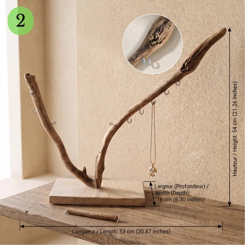 Driftwood jewelry holder,  handcrafted necklace and ring display, Natural storage decor