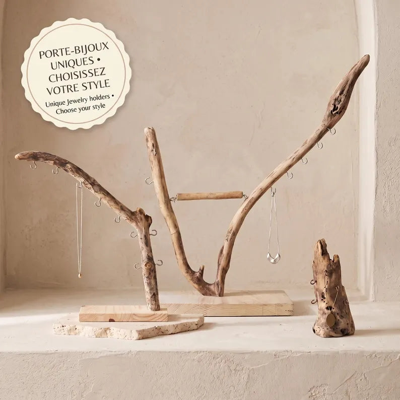 Driftwood jewelry holder,  handcrafted necklace and ring display, Natural storage decor