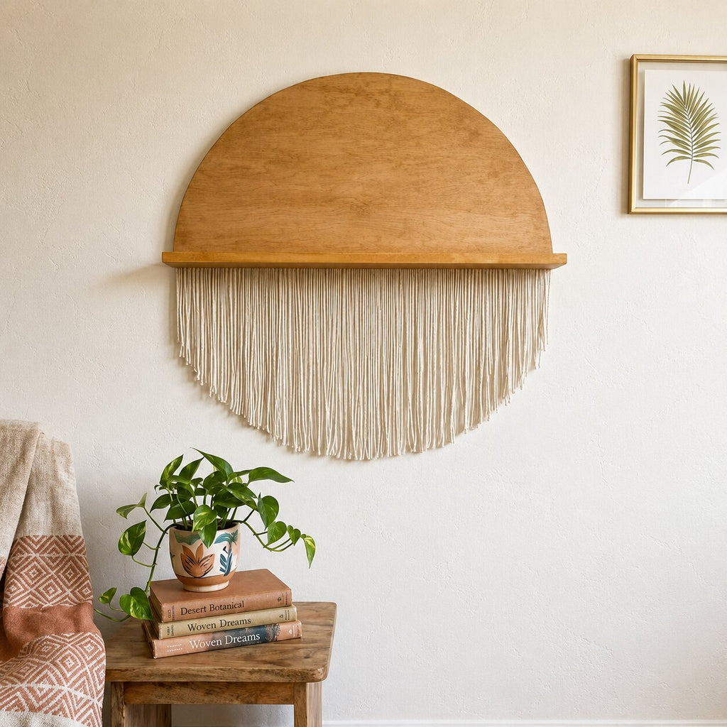 Handcrafted Wooden Half Moon Wall Decor, Boho Arch Fringe Hanging, Natural Home Accent