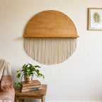 Handcrafted Wooden Half-Moon Wall Hanging, Boho Fringe Decor