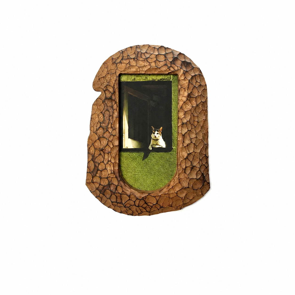 Handcrafted Wood Picture Frame, Cozy Cat Window Artwork, Whimsical Home Wall Decor