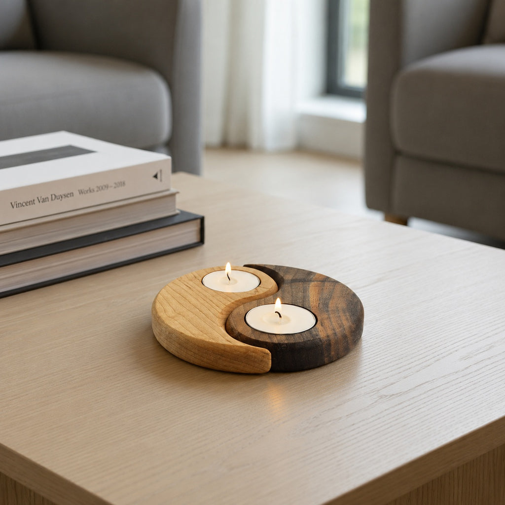 Yin Yang Wooden Tealight Holder Set