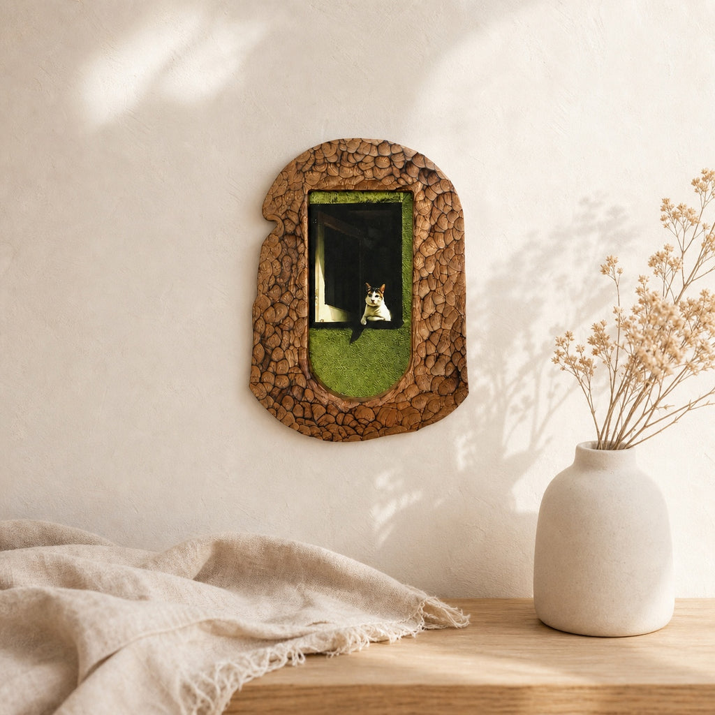 Handcrafted Wood Picture Frame, Cozy Cat Window Wall Art