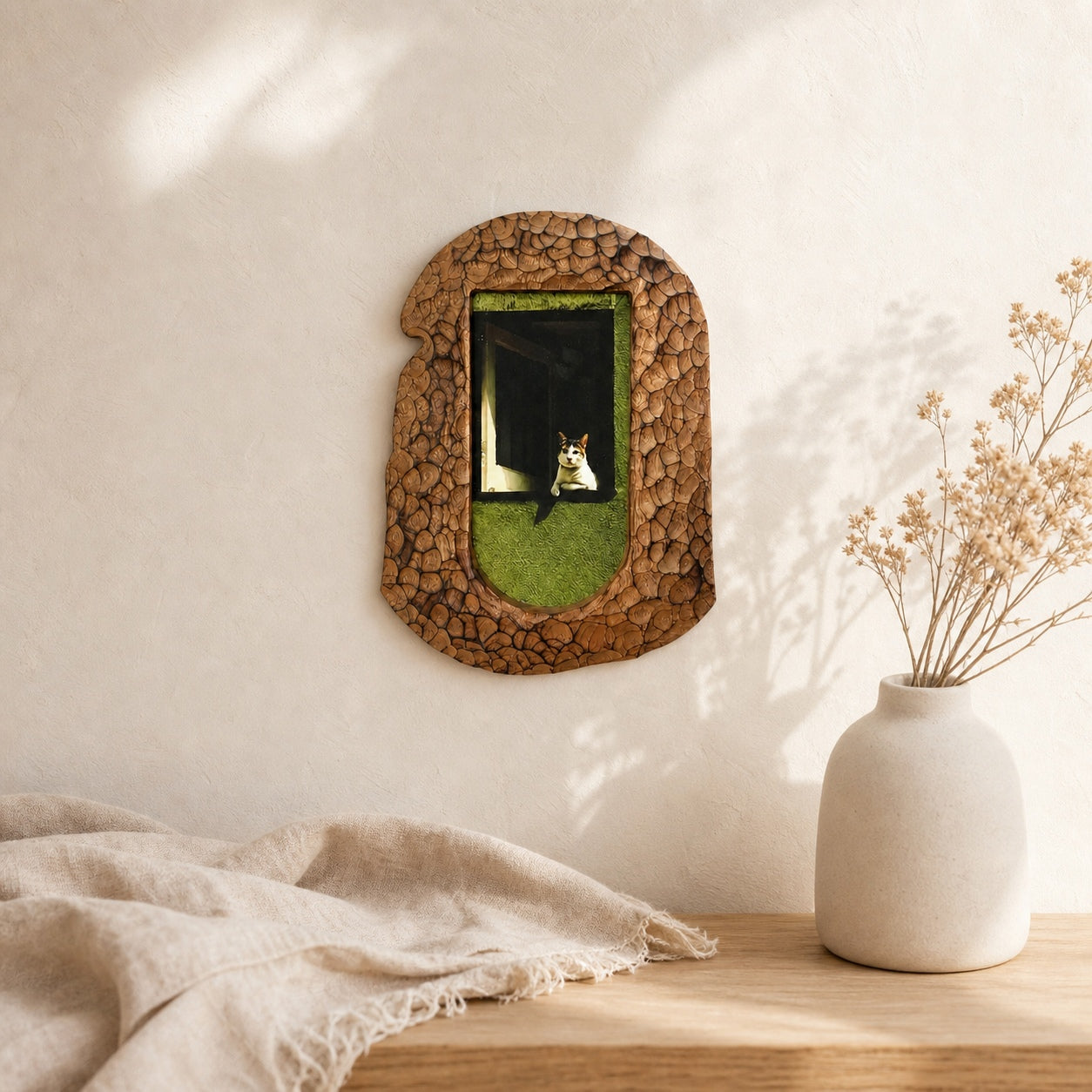 Handcrafted Wood Picture Frame, Cozy Cat Window Artwork, Whimsical Home Wall Decor