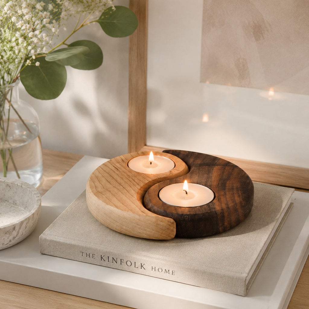 Yin Yang Wooden Tealight Holder Set