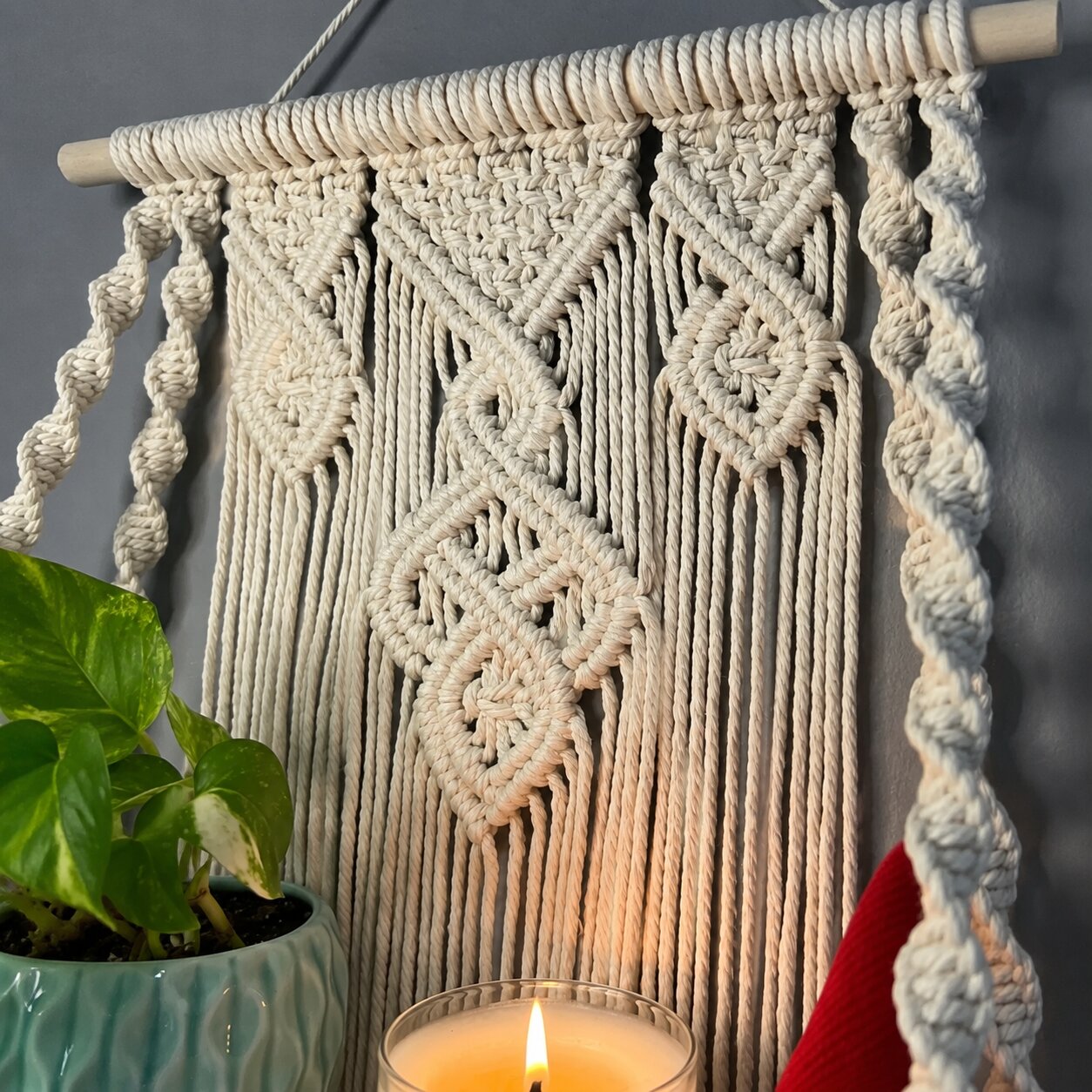 Handcrafted Macrame Wall Shelf, Oak Wood Plant Display, Boho Home Decor Accent