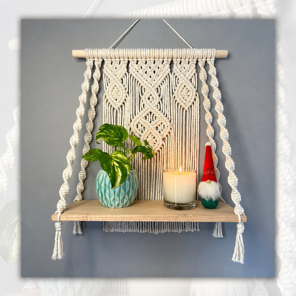 Handcrafted Macrame Wall Shelf, Oak Wood Plant Display, Boho Home Decor Accent