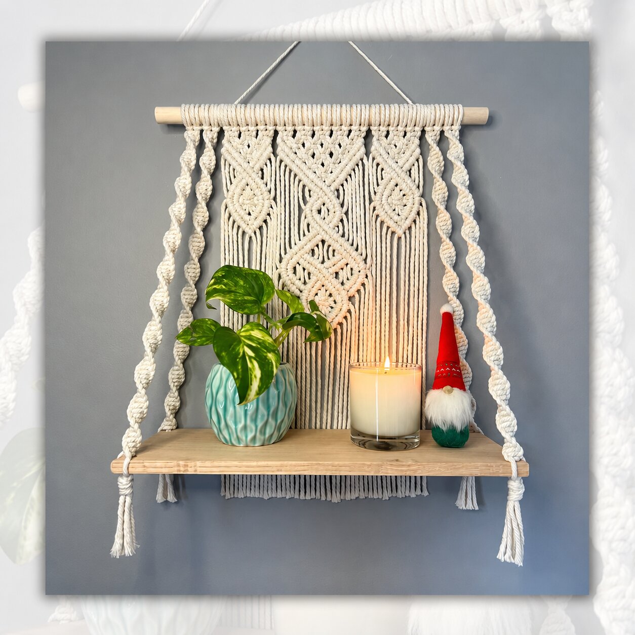 Handcrafted Macrame Wall Shelf, Oak Wood Plant Display, Boho Home Decor Accent