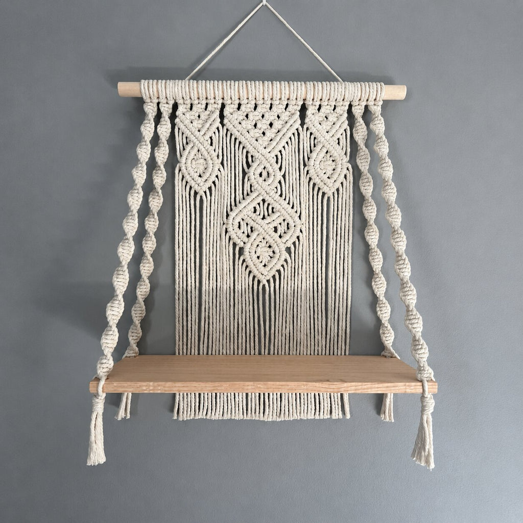 Handcrafted Macrame Wall Shelf, Oak Wood Plant Display, Boho Home Decor Accent