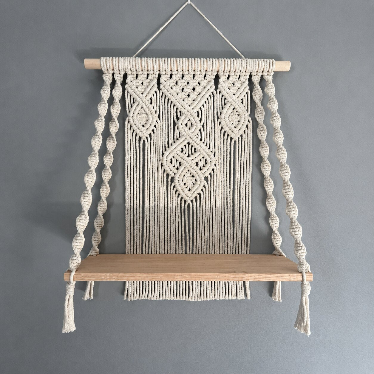 Handcrafted Macrame Wall Shelf, Oak Wood Plant Display, Boho Home Decor Accent